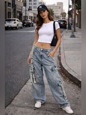 BDG Light Blue Boyfriend Cargo Jeans with Strap Details Size 28W